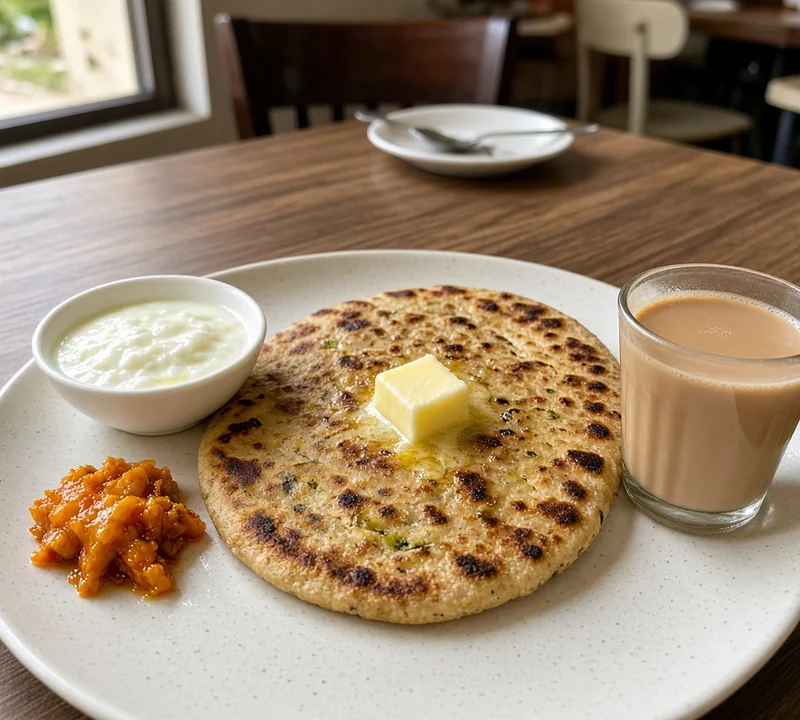 Aloo parantha with butter, yogurt, pickle and a glass of tea