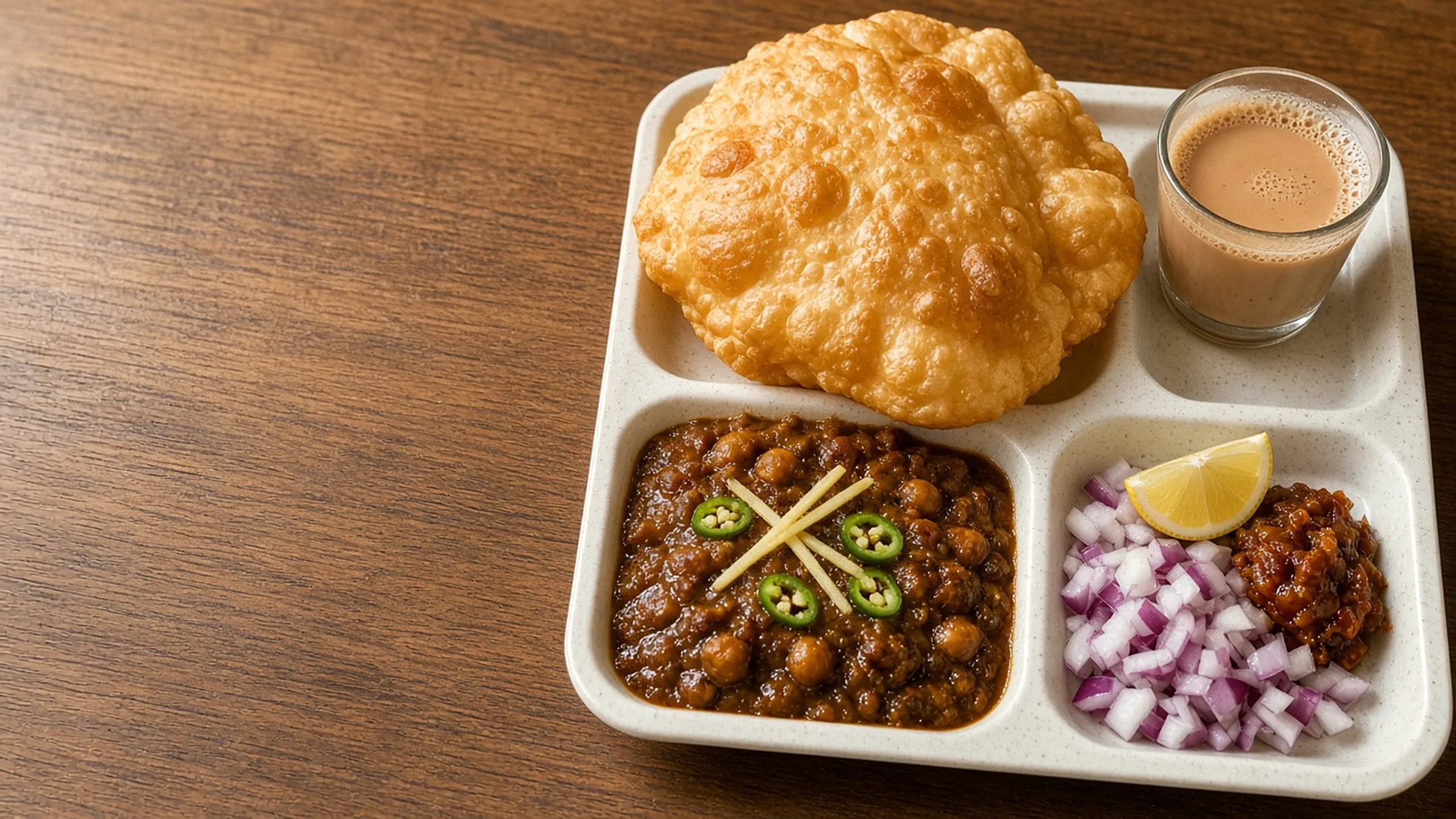 Chana bhatura with tea, onion and pickle on a tray