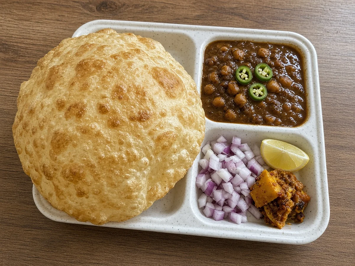 Chana bhatura: a puffed bhatura with chickpea curry, onion, lemon and pickle on a tray