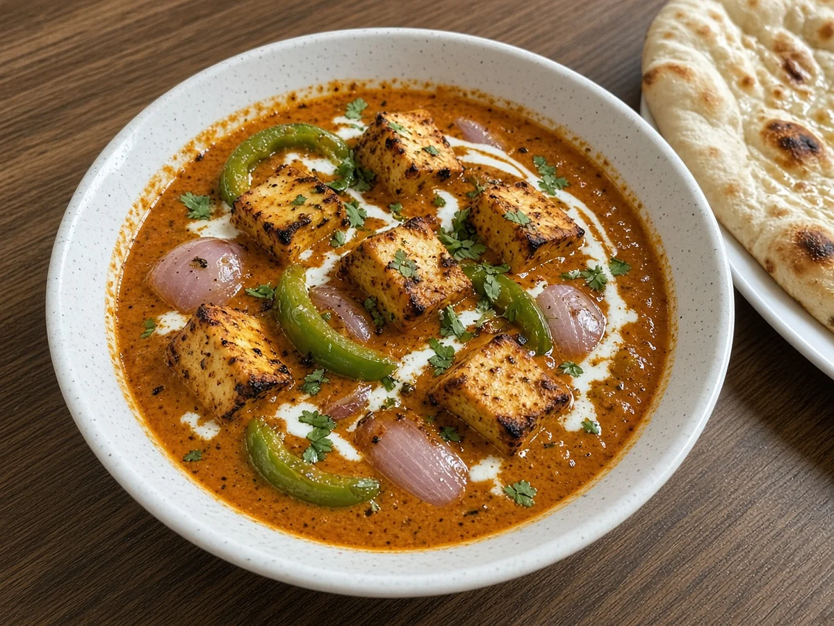 Paneer tikka masala with charred paneer cubes, peppers and onion in masala gravy
