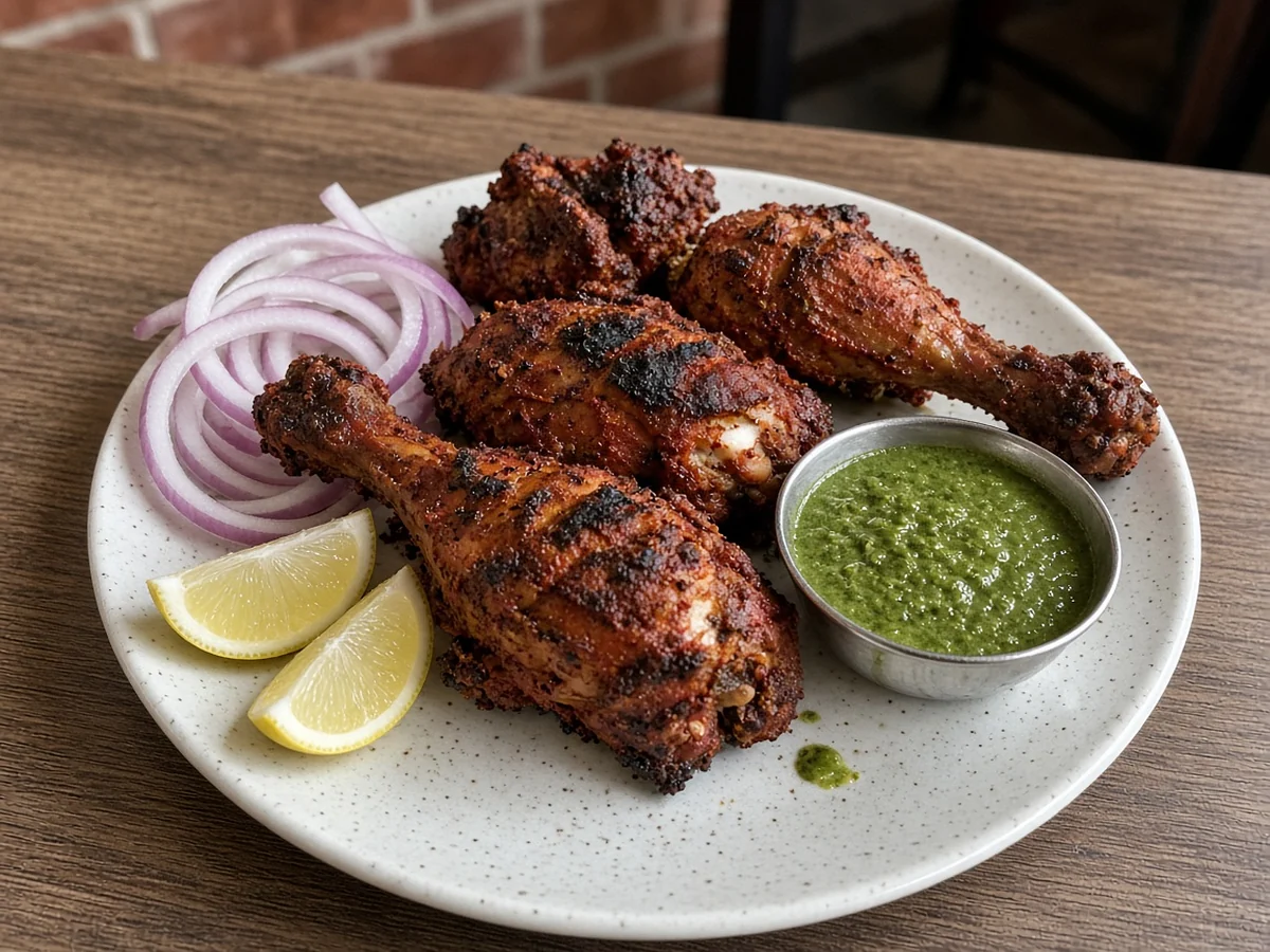 Tandoori chicken legs with onion rings, lemon wedges and green chutney